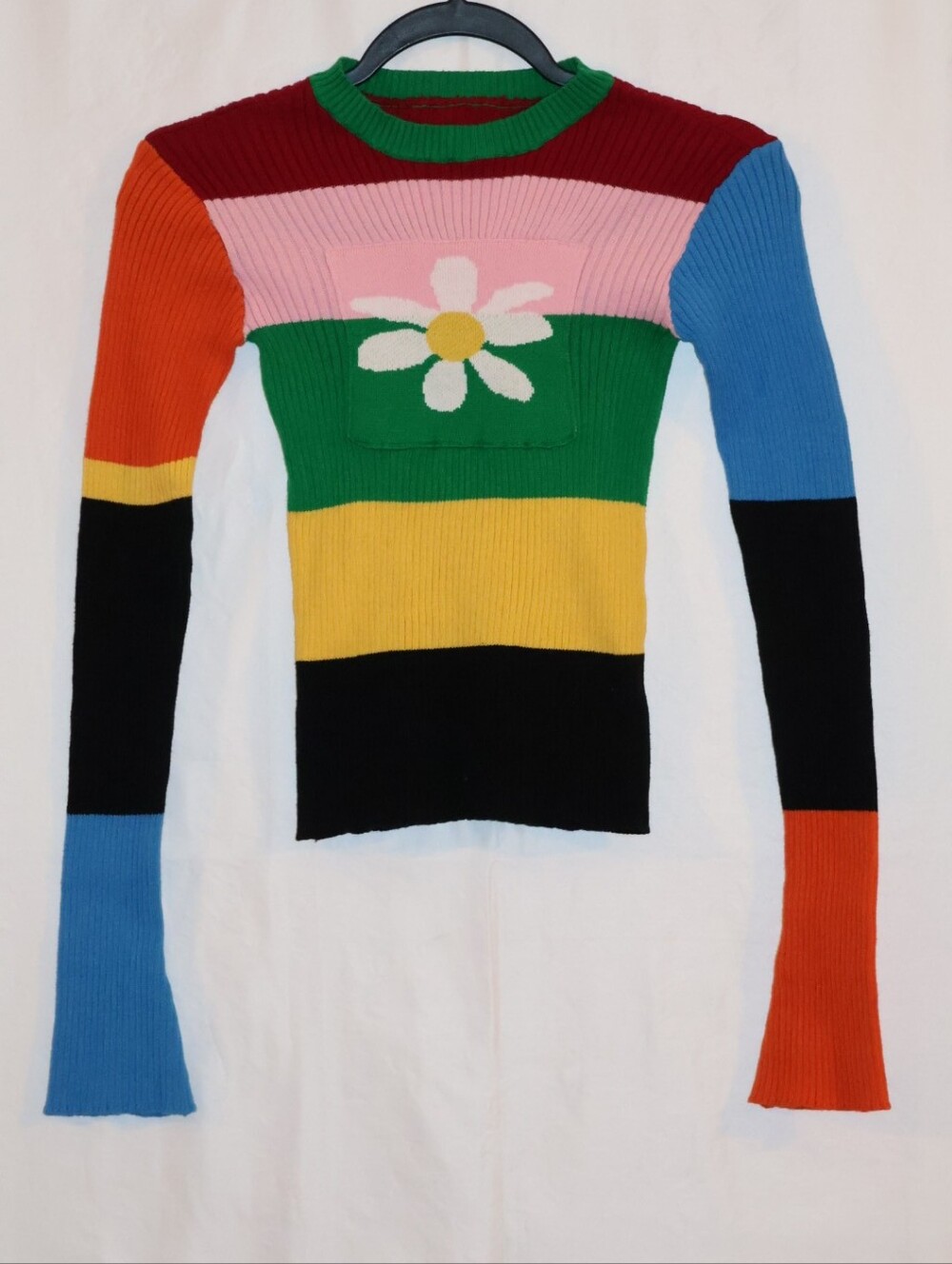 UNIF Dolly Colorblock Daisy Ribbed Knit Pullover Sweater - Multicolored.
